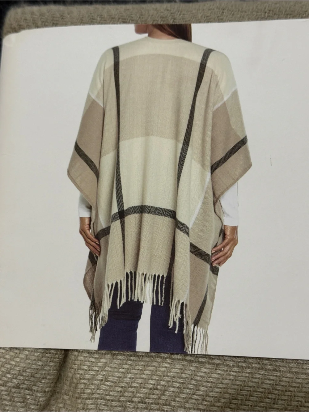 Three Dots Neutral Beige and Black Cashmere Blend Wrap. Fringe Detail. One Size.